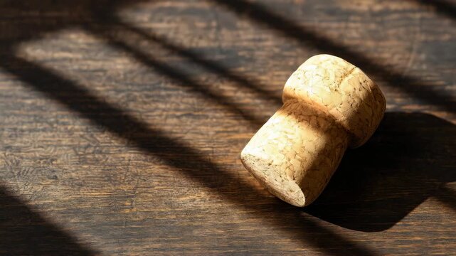 Close-up of a textured cork stopper on a wooden surface casting dynamic shadows showcasing gradual light changes during a tranquil daytime setting.