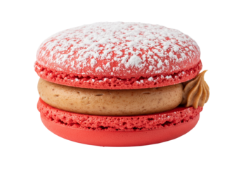 Gourmet Red Macaron with Powdered Sugar and Cream Filling Isolated on White Background