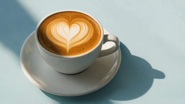 Close-up view of a beautifully crafted coffee latte with a heart-shaped foam art design in a white ceramic cup on a minimalistic pastel blue background with soft natural lighting - Powered by Adobe