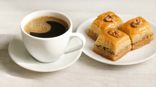 Close-up of a steaming cup of black coffee next to three pieces of golden baklava on a white plate set on a light wooden table with a soft natural light illuminating the scene.