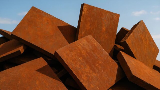 Stacked rust-colored rectangular metal plates forming a chaotic pile against a clear blue sky with soft natural lighting highlighting their textures and edges