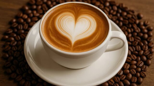 Close-up of a beautifully crafted latte art heart design in a white ceramic cup surrounded by coffee beans on a wooden surface soft natural lighting enhancing warm tones and textures
