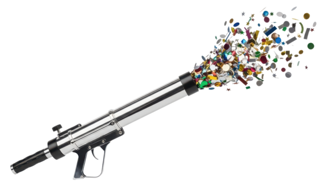 Silver Chrome Cannon Shooting a Burst of Colorful Building Bricks 3D Illustration isolated on Transparent Background