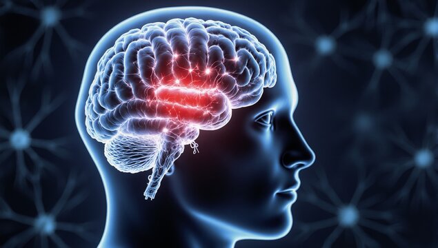 Glowing blue brain with red core detailed neural activity visualization against blurred neuroscience background