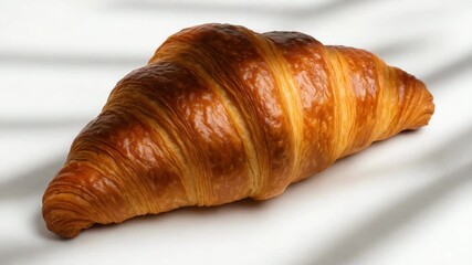 Golden flaky croissant with visible layers and texture placed on a smooth light-colored surface illuminated by soft natural light showcasing a close-up perspective of the pastry in various settings - Powered by Adobe