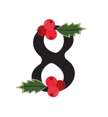 Christmas Number 8 with Holly Leaves and Red Berries Festive Vector Illustration for Advent Calendar and Holiday Designs.