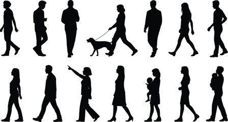 Walking people silhouettes, diverse men and women figures, casual pedestrians with children and dog, black vector icons.