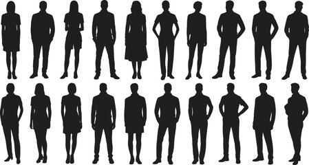 People standing silhouettes, diverse group of men and women, full length figures in casual poses, urban crowd vector. © Md Rofequl Islam