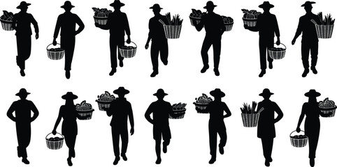 Farmers and gardeners silhouettes, people holding harvest baskets, men and women carrying vegetables, agriculture workers vector set.