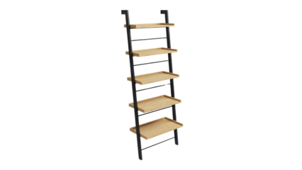 Modern Minimalist Ladder Leaning Bookshelf with Black Metal Frame and Light Wood Shelves isolated on Transparent Background