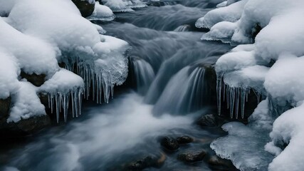 Flowing stream surrounded by snow-covered rocks and icicles capturing the serene movement of water in a winter landscape with soft natural lighting and a cool color palette - Powered by Adobe