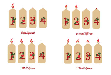 Advent Candle Set for First to Fourth Sunday with Numbers and Flames Flat Vector Illustration for Christmas Countdown.