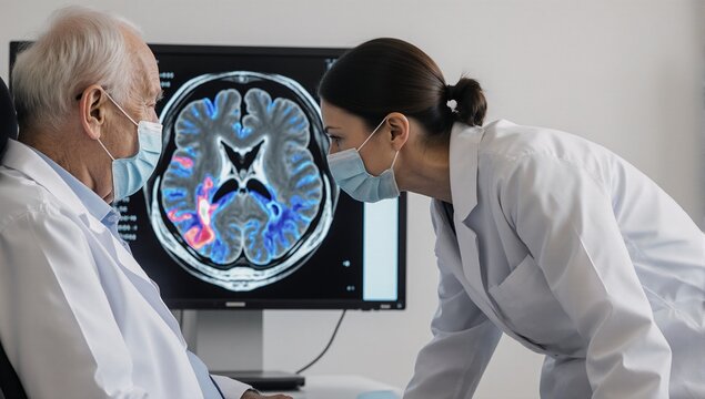 Medical doctor diagnosing brain disease in elderly patient using MRI scans for neurological treatment