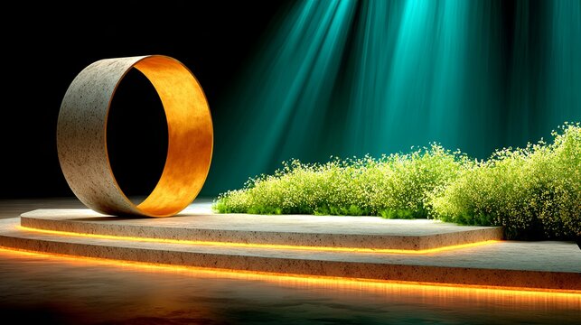 A modern stage with a monolithic stone slab as the backdrop. A single, minimalist brass circle leans against it, with a simple line of fresh greenery laid at its base