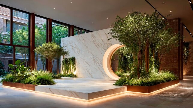 A modern stage with a monolithic stone slab as the backdrop. A single, minimalist brass circle leans against it, with a simple line of fresh greenery laid at its base