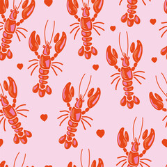 Valentine Lobster Seamless Pattern on Pink Background Hand Drawn Vector Design with Hearts for Cute and Playfu Prints.