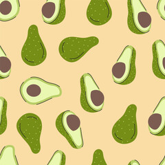 Avocado Seamless Pattern with Whole and Halved Fruits Hand Drawn Vector Design on Beige Background.
