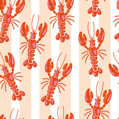 Lobster Seamless Pattern with Beige and White Stripes Hand Drawn Vector Design for Nautical and Coastal Inspired Prints.