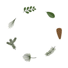 Winter Botanicals Wreath with Pine, Leaves and Cone Minimal Hand Drawn Vector Frame for Seasonal Designs.