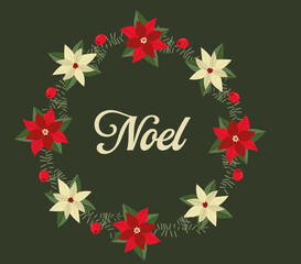 Noel Christmas Wreath with Red and Cream Poinsettias Festive Floral Vector Illustration for Holiday Decor and Greeting Cards.