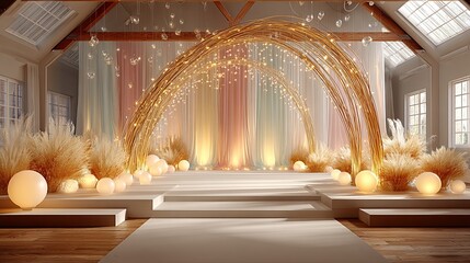 A whimsical wedding stage with an arch made of twisting willow branches and intertwined fairy lights. Hanging glass crystals catch the light, creating tiny rainbows across the setup