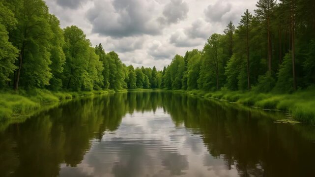 Tranquil river flowing through lush green forest under cloudy sky with reflections on water surface capturing peaceful nature landscape in different phases