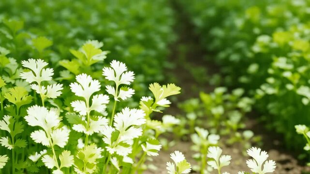 Close-up of vibrant green cilantro plants flourishing in a well-tended agricultural field showcasing lush growth healthy leaves and bright natural lighting throughout the growth stages