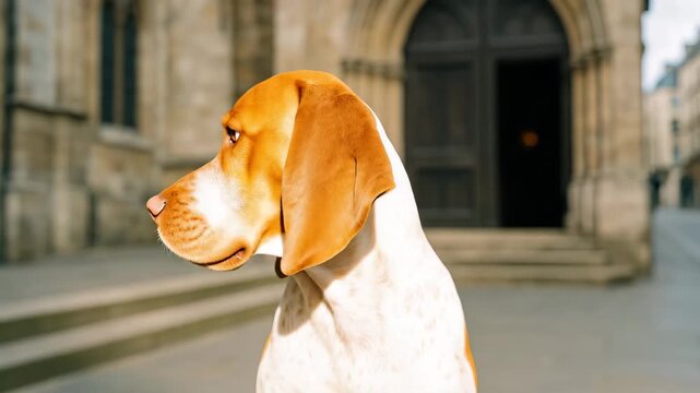 Close-up of a playful dog with a brown and white coat gazing curiously at the camera in a sunny city background featuring stone architecture and clear blue sky in natural light conditions