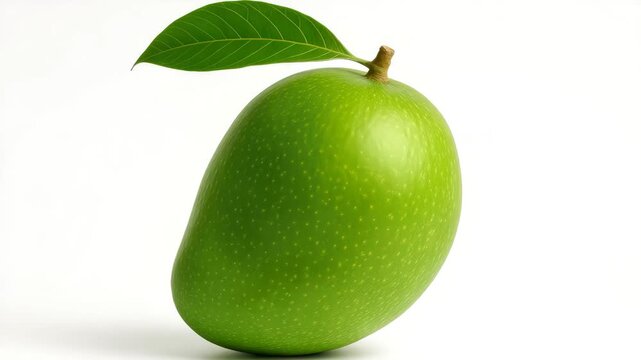 Close-up of a glossy green mango with a leaf presented against a simple white background showcasing its smooth texture and vibrant color throughout the video sequence