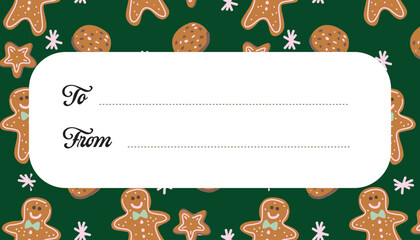 Christmas Gift Tag with Gingerbread Cookies on Dark Green Background Cute Hand Drawn Vector Label with To From Format.