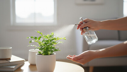 霧吹きで観葉植物に水をやる日本人女性の手元