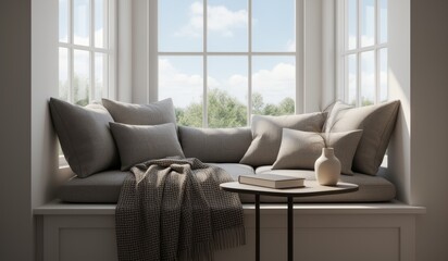 Cozy window nook with soft pillows, inviting light, and a tranquil view of nature outside