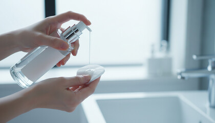 スキンケアのために化粧水をコットンに出す日本人女性の手