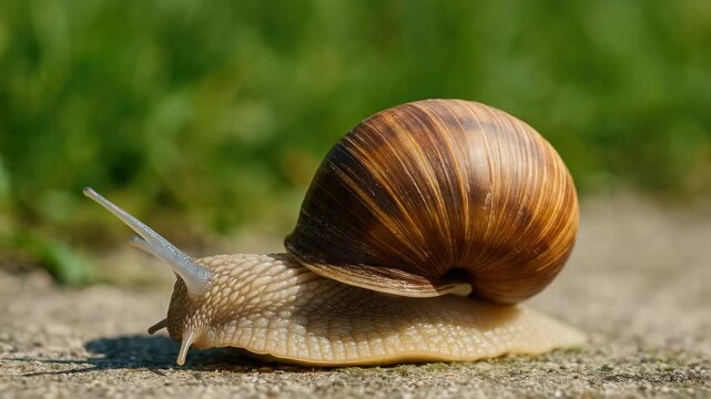Close-up of a large brown-striped garden snail crawling slowly on a concrete surface under soft natural light with a blurred green grass background and clear textures of its shell and body