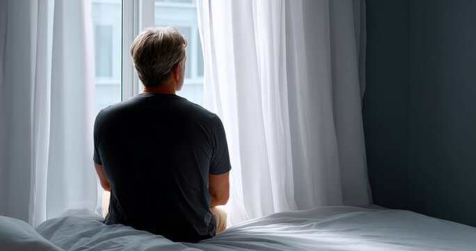 Middle-aged man sitting on bed looking out of window with white curtains in a dimly lit room, contemplative mood