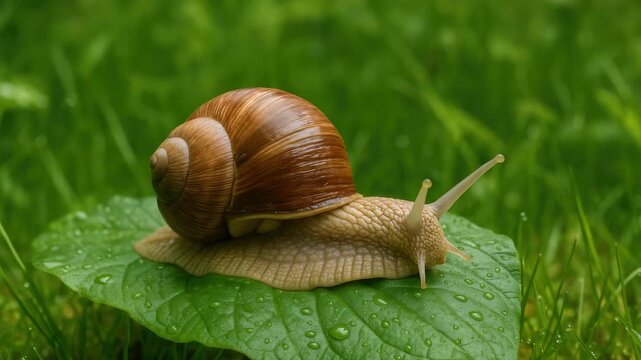 Close-up of a large brown garden snail slowly moving on a green leaf with raindrops surrounded by lush grass soft natural light highlighting its smooth shell and textured body nature setting