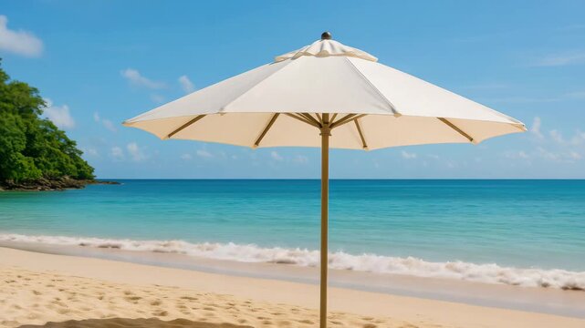 Lone white beach umbrella casting a soft shadow on the golden sand by a tranquil turquoise sea with gentle waves lapping surrounded by lush greenery under a bright blue sky