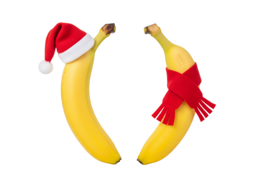 Joyful Bananas in Festive Christmas Attire: One with Santa Hat and Another with a Red Scarf on White Background