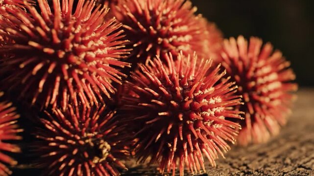 Close up of spiky red seed pods on a textured surface.