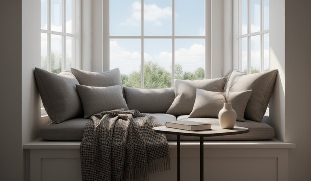 Cozy window nook with soft pillows, inviting light, and a tranquil view of nature outside