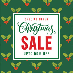 Festive Christmas sale banner with green background, seamless holly leaf and berry pattern, bold red and green typography promoting special offer holiday discount up to 50 percent, ideal for seasonal 