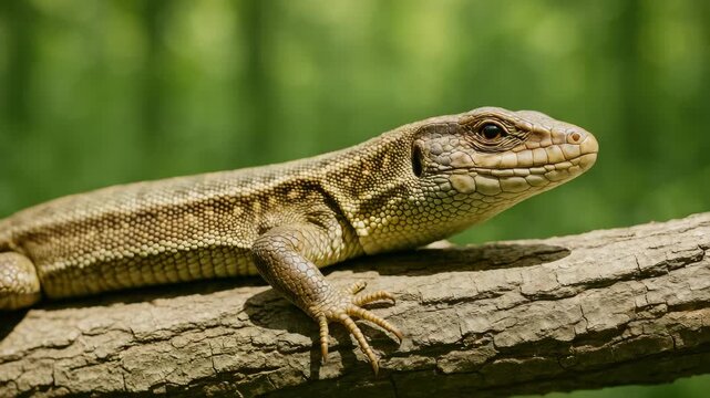 Close-up of a richly patterned lizard resting on a textured branch against a blurred green forest backdrop showcasing intricate details and colors in soft natural light throughout the scene