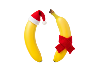 Playful Christmas Bananas: One with Santa Hat, One with Red Scarf, Isolated on White for Festive Humor