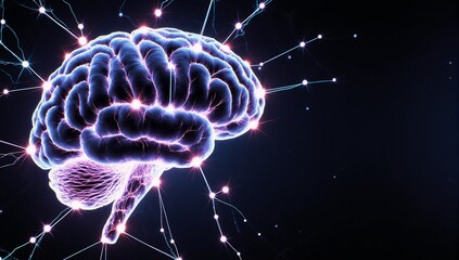 A stylized digital neuroscience concept showcases glowing neon brain connections on dark backgrounds