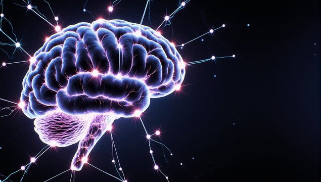 A stylized digital neuroscience concept showcases glowing neon brain connections on dark backgrounds
