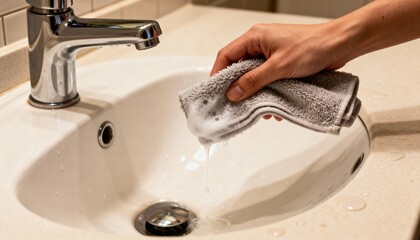 Bathroom sink being wiped down with antimicrobial solution showcasing daily hygiene maintenance to prevent mold and germs in home environments.