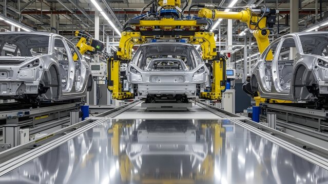 Automotive assembly line featuring robotic arms working on car bodies in a factory setting