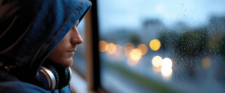 Young man wearing hoodie and headphones looking thoughtfully out of a rain-covered window with blurred city lights in the background - Powered by Adobe