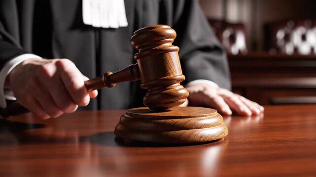 A judge's hand firmly strikes the gavel, symbolizing justice in motion. this sequence captures authority and decision in a courtroom setting.