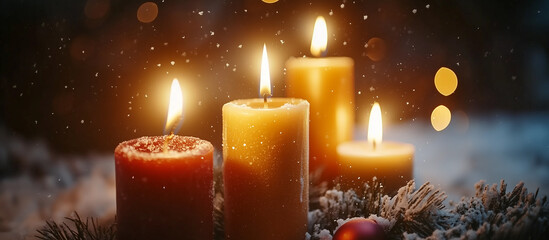 Four Christmas candles and spruce tree. Merry Christmas festive greeting card. Noel. Winter holiday celebration theme. Happy New Year. Advent.